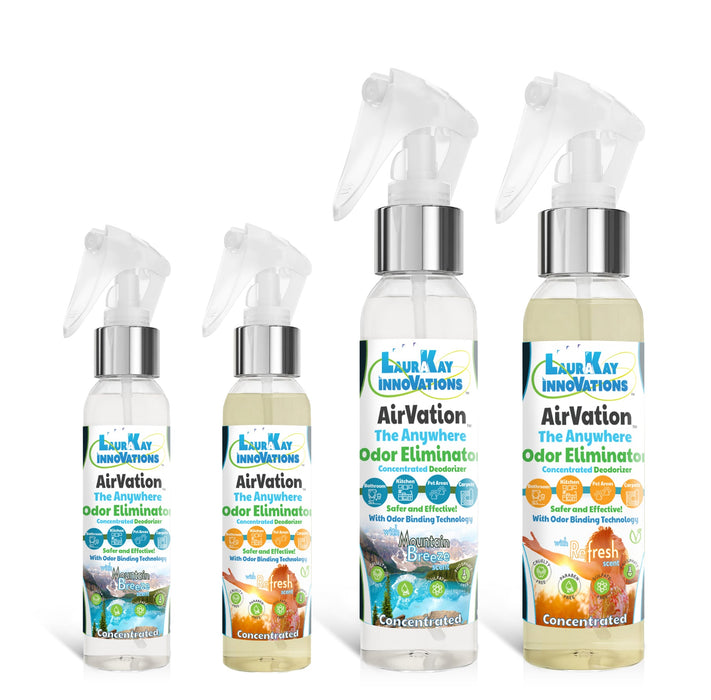 Odor Eliminating Air Freshener - AirVation™ The Safe Anywhere Deodorizer Concentrated Odor Binding Air Freshener for Fabrics & Air - 4 Pack Two 4 fl oz and Two 8 fl oz
