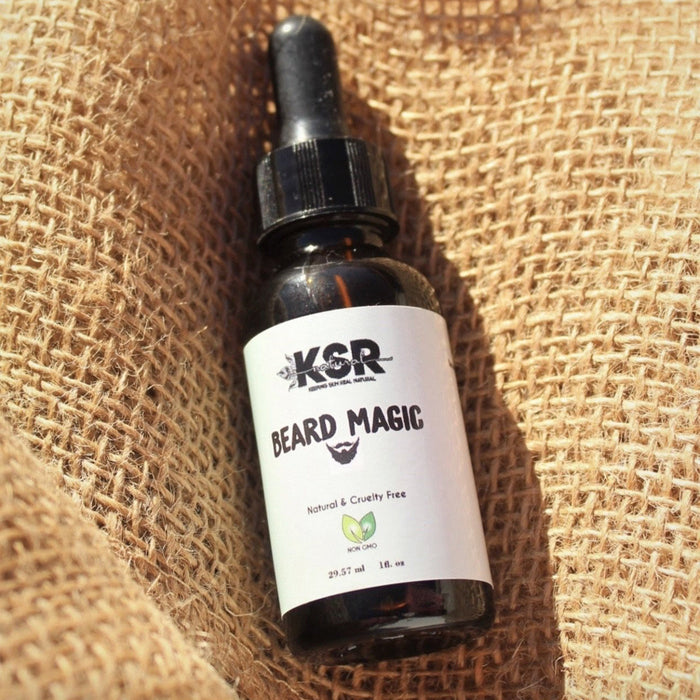 KSR Natural Beard Magic bottle resting on a burlap sack