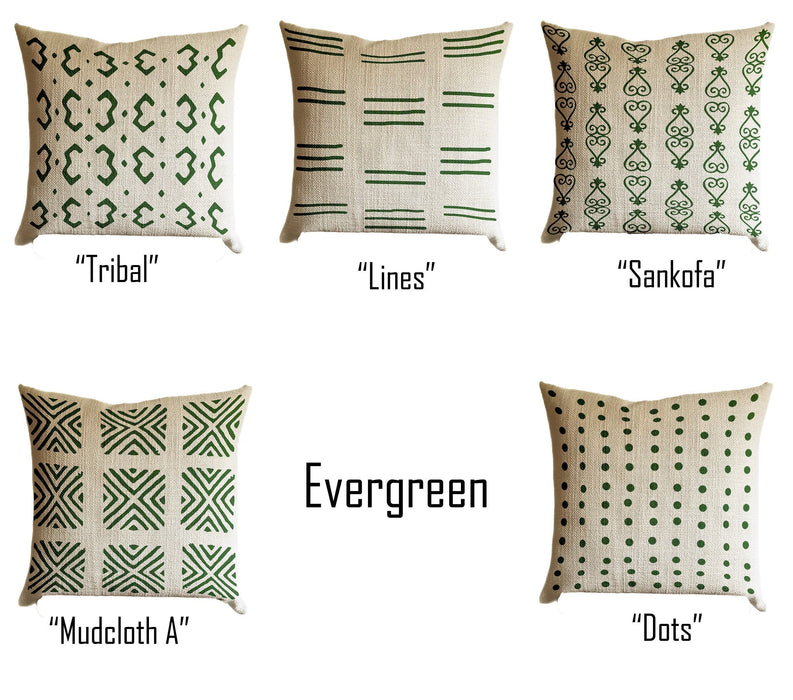 Evergreen Pillow Cover, Pine Green Tribal Urban Ethnic Square 18x18 in Natural Oatmeal Color Textured Woven Fabric in Modern Boho Home Decor