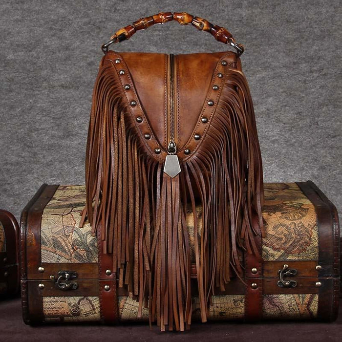 Western Me Bamboo Handle Fringed Leather Crossbody Handbag - Yaya's Luxe Handbags - Handbags